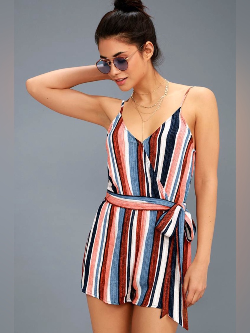 Lulus Blue and Orange Striped Sleeveless Romper